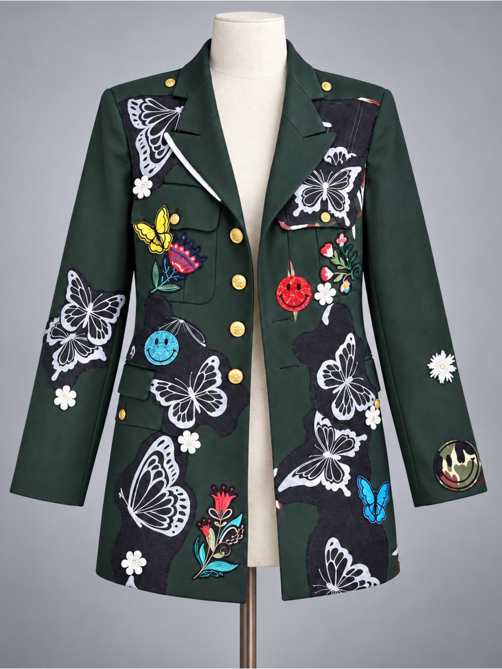 Embellished Dark Green Butterfly Military Blazer Custom Forest Green Butterfly
